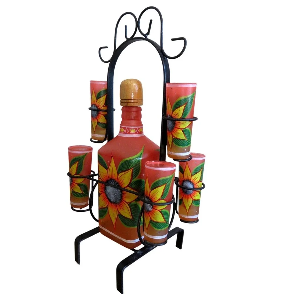 Mexican Hand Painted Sunflower Tequila Decanter Set 6 Shot Glasses Wrought Iron